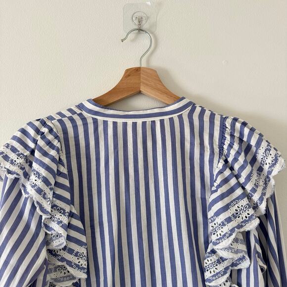 Gap Stripe Eyelet Cascade Ruffle Long Sleeve Button Up Shirt Blue/White XS - Picture 8 of 10